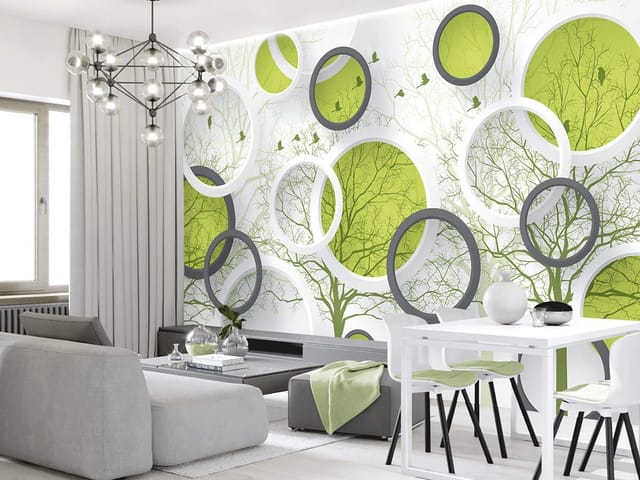 Fototapeta Abstrakcyjne okręgi z zielenią (kod: 21091) Fototapeta z abstrakcyjnymi okręgami i zielonymi wnętrzami na tle gałęzi drzew.
