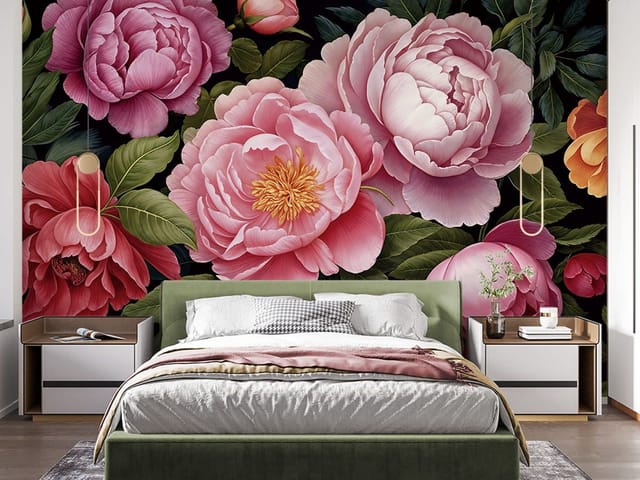 Fototapeta Różowe piwonie na czarnym tle (kod: 27120) Fototapeta Różowe piwonie na czarnym tle